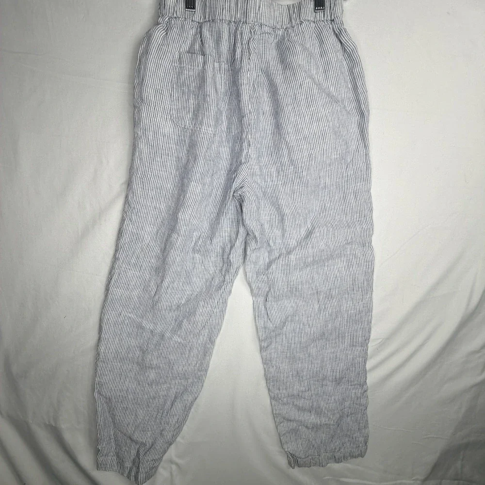 Quince Linen Pants XS Blue White Striped Elastic Waist Straight Leg Trousers